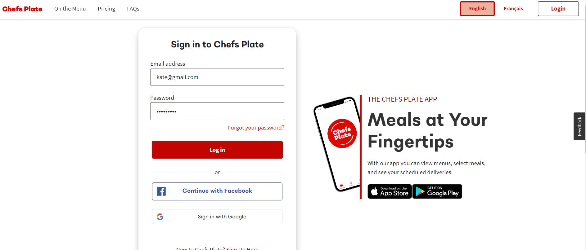 enter you id and password for chef plate login