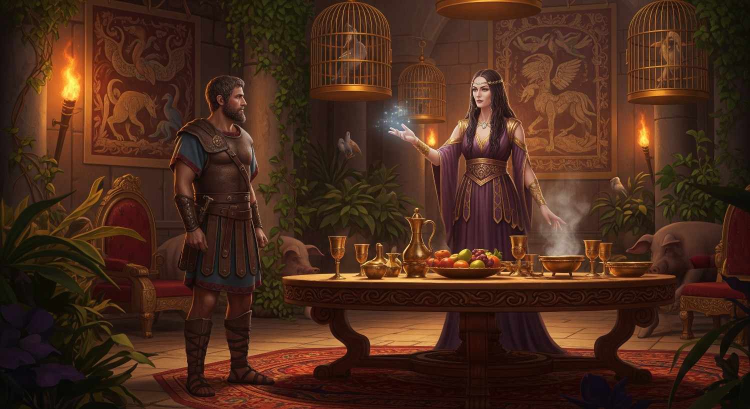An image depicting Odysseus and Circe from the great Greek saga